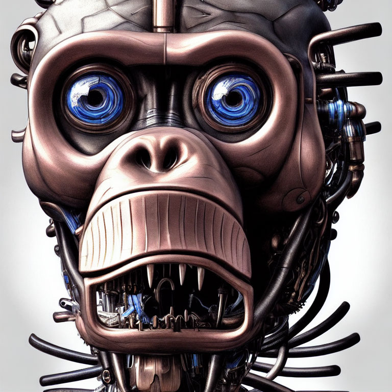 Detailed 3D robot illustration with simian features, vibrant blue eyes, and intricate mechanical components.