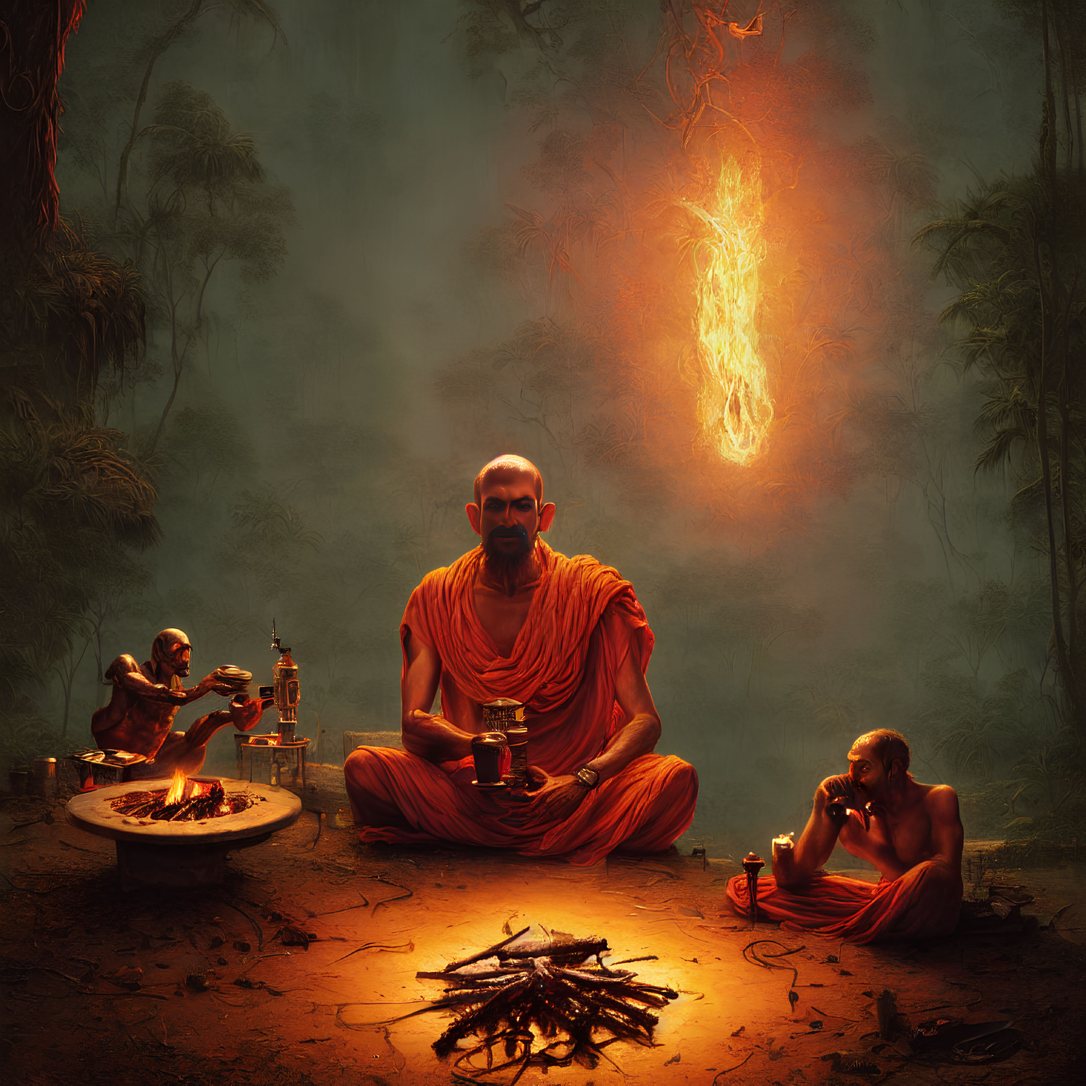 Three monks in forest: meditating, making tea, by campfire, mystical fire symbol in sky