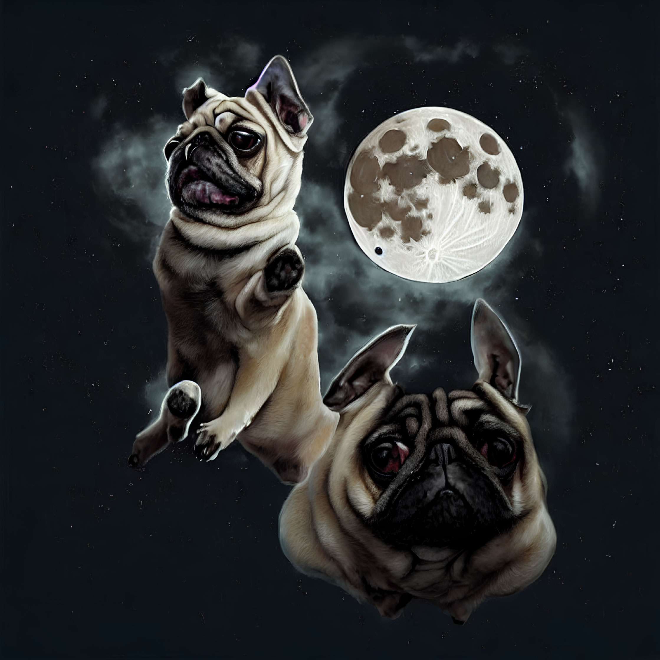 Two pugs in space with moon and stars.