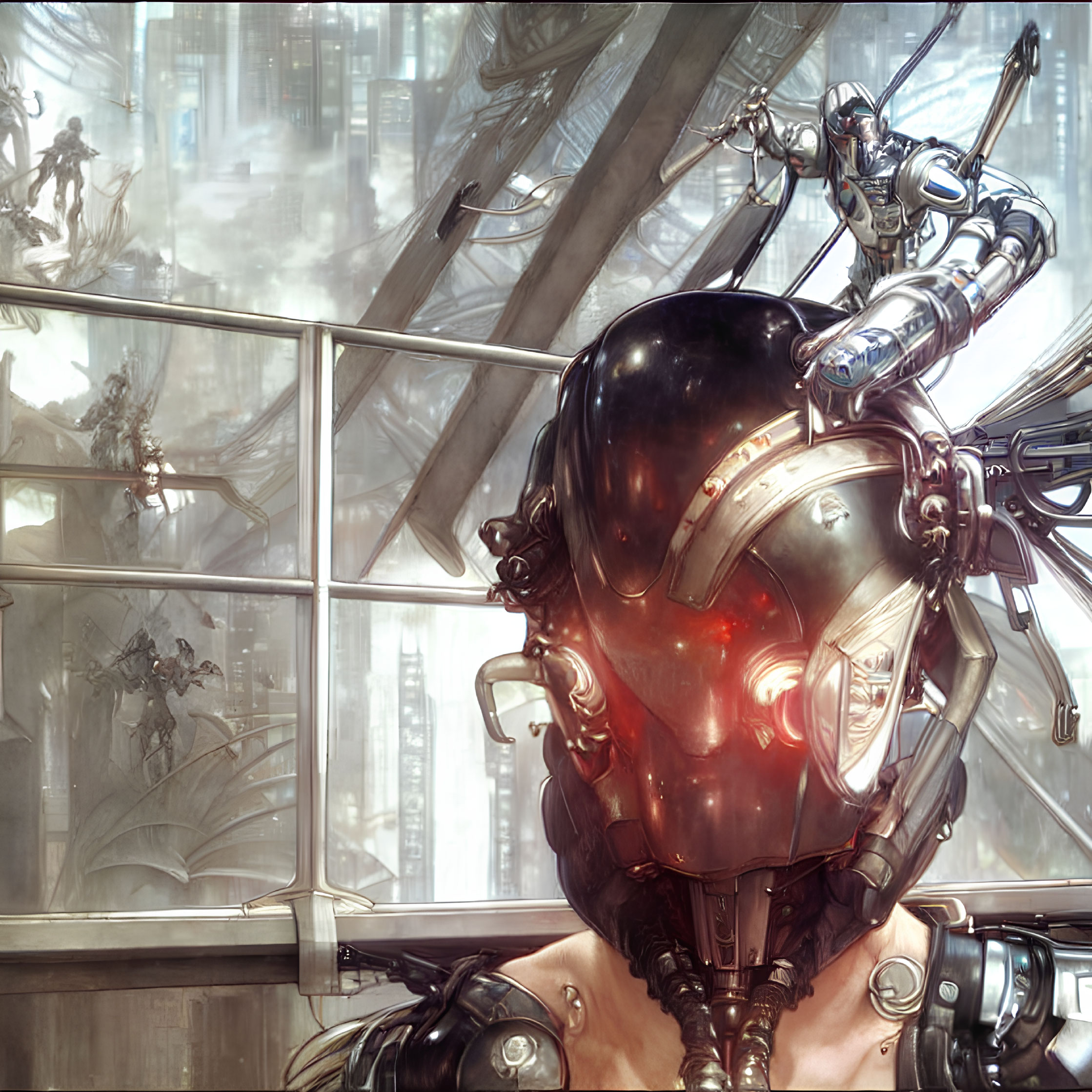 Detailed illustration: Robot with shiny helmet and mechanical body parts looking at futuristic cityscape.