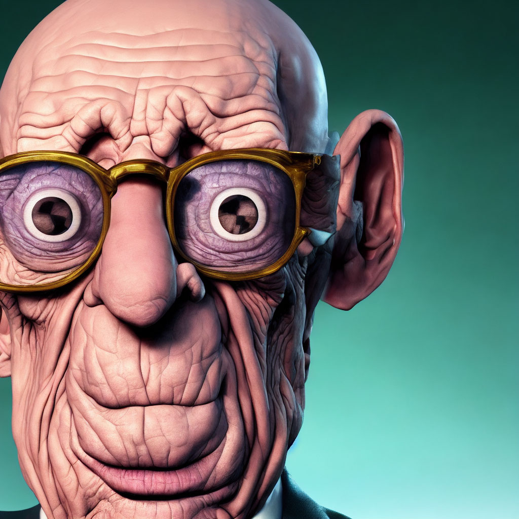 Elderly Animated Character with Exaggerated Features on Turquoise Background