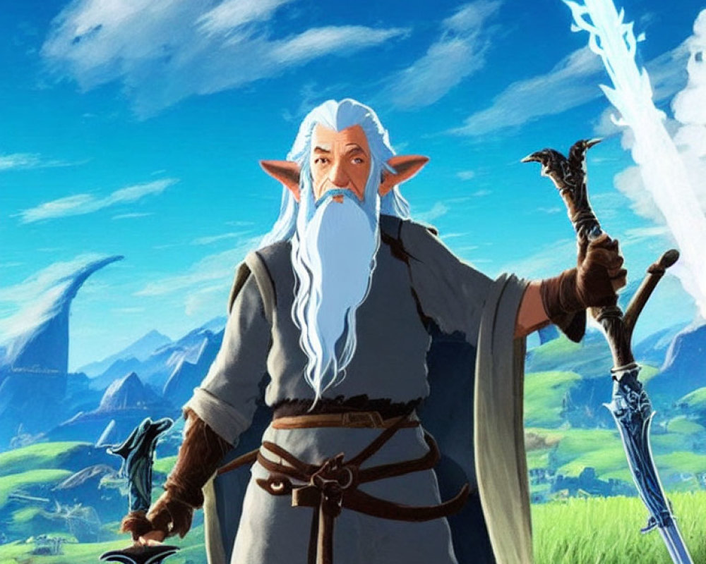 Wizard with glowing sword and staff in vibrant fantasy landscape