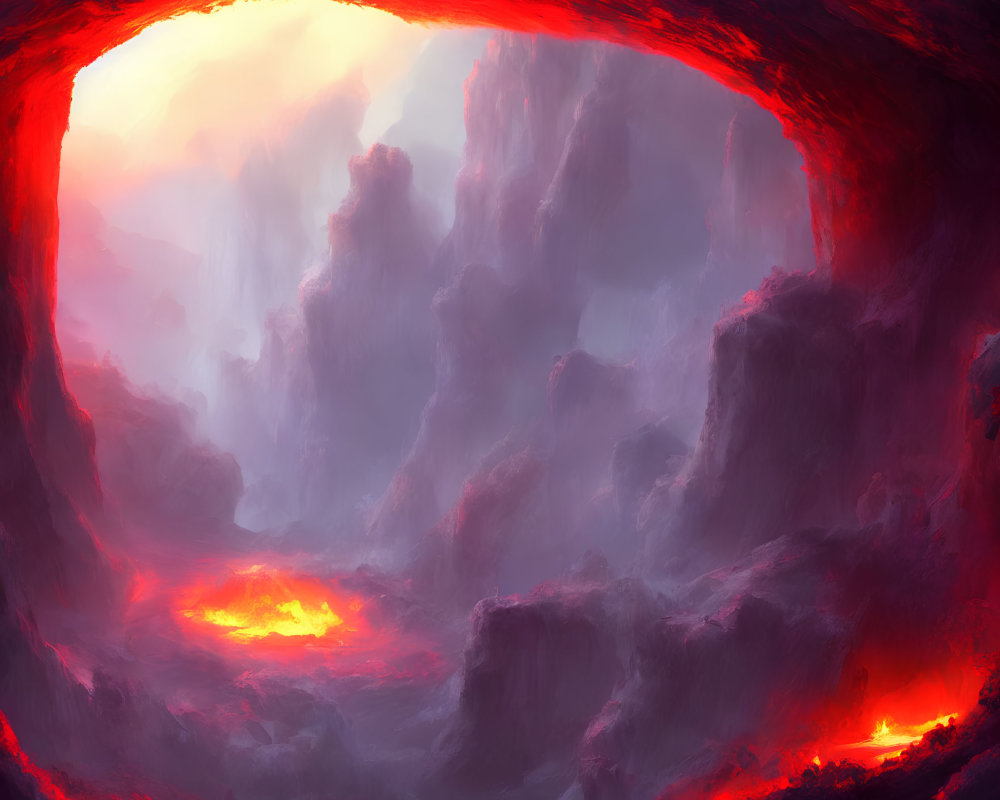 Vivid painting of volcanic cavern with glowing lava