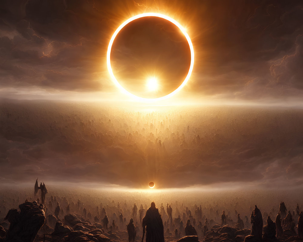 Solar eclipse over silhouetted crowd and terrain with lone figure witnessing.