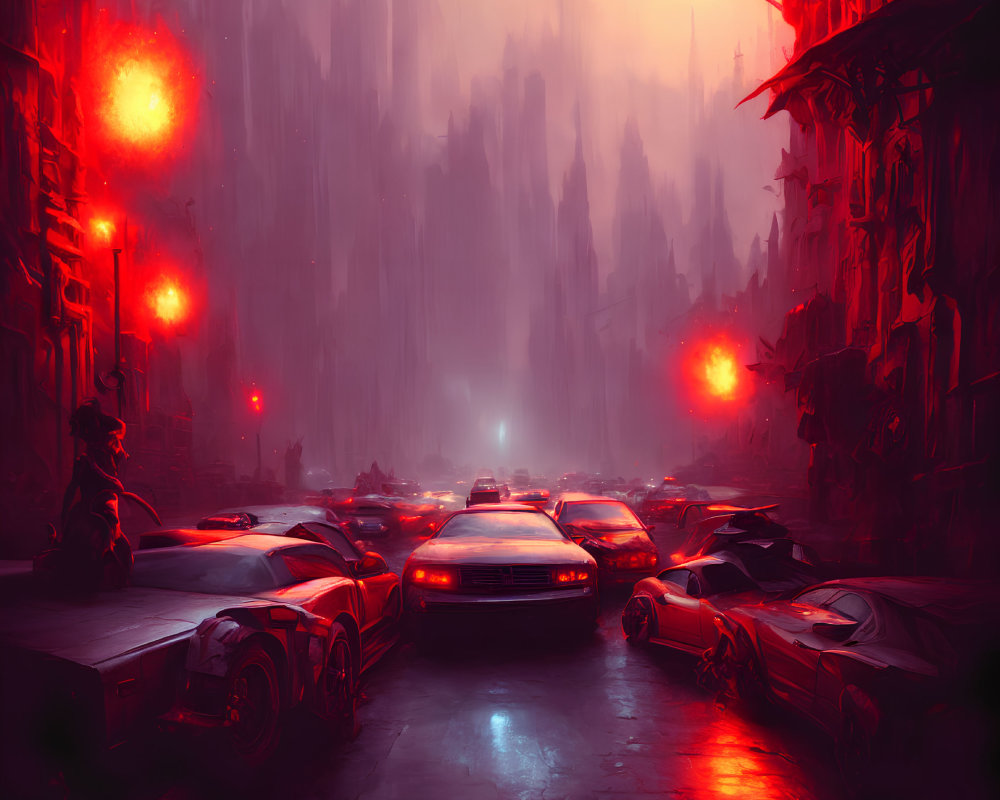 Dystopian cityscape at night: red lights, imposing buildings, futuristic cars