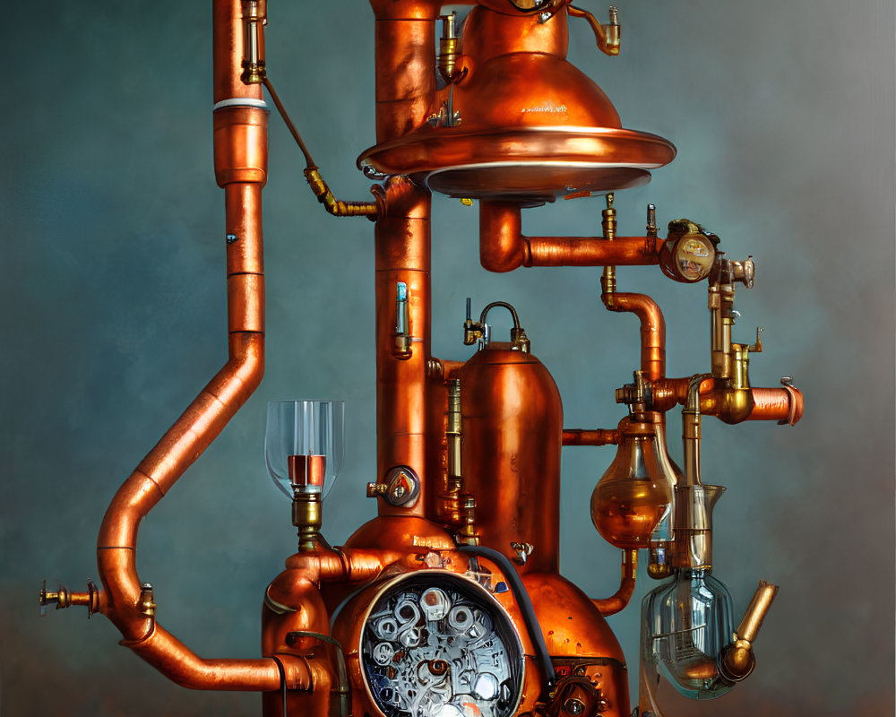 Copper steampunk apparatus with pipes, gauges, valves, clock face, and glass vessels