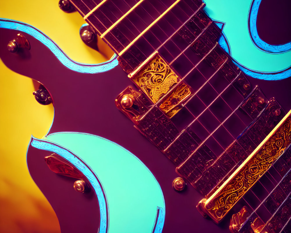 Purple Electric Guitar with Gold Details Against Teal Silhouette - Vibrant Colorful Background