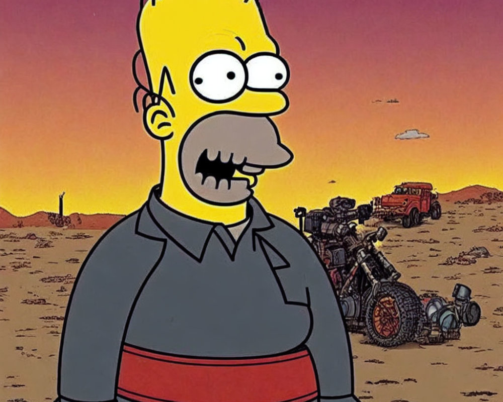 Cartoon illustration of Homer Simpson in desert landscape with dystopian vehicle.