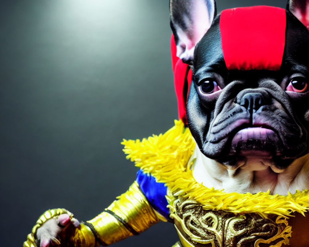 French Bulldog in colorful wrestler costume with red mask and gold trim on dark background