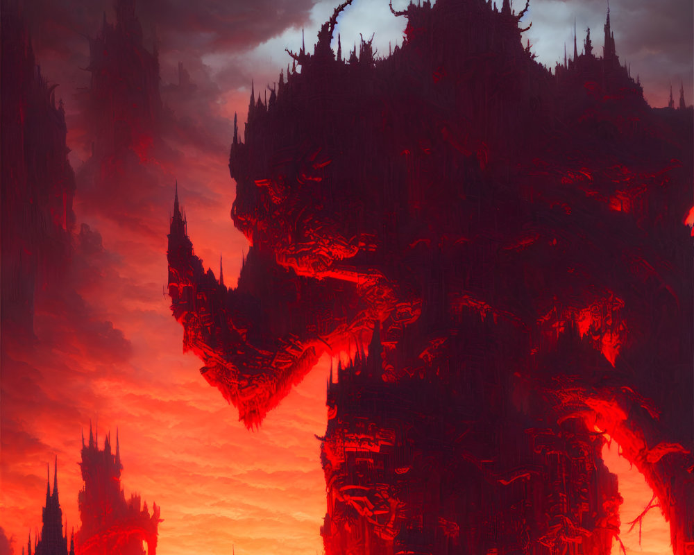 Dark fantasy landscape with crimson castles in fiery red sky