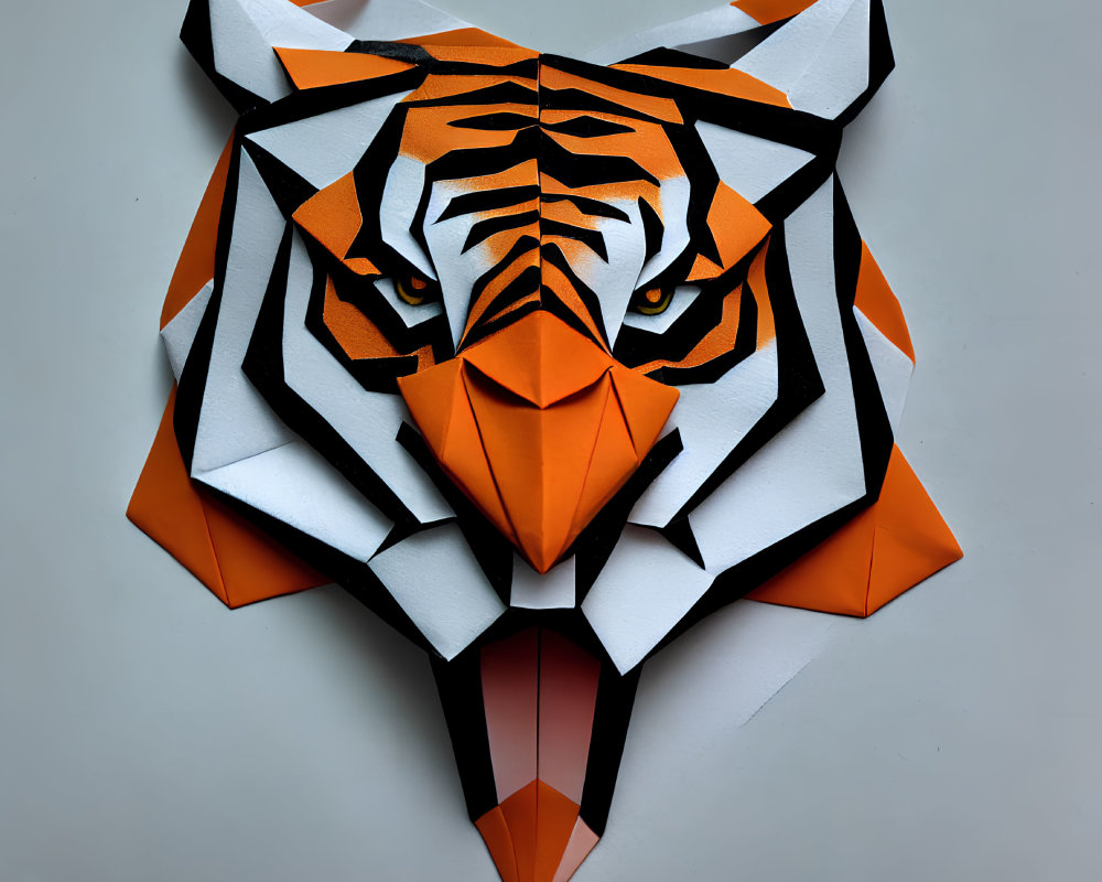 Geometric Paper Art Tiger Head Sculpture in Orange, Black, and White