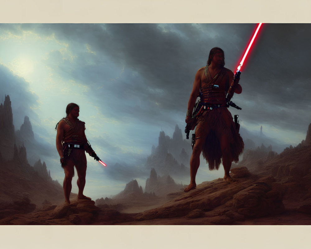 Two figures with red lightsaber in desert with rocky spires under cloudy sky.