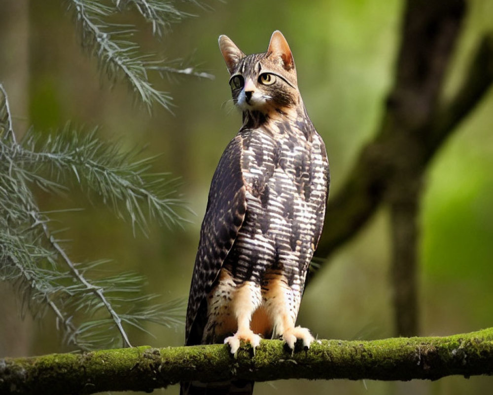 Cat with Hawk Body Perched on Tree Branch in Forest - Whimsical Hybrid Creature