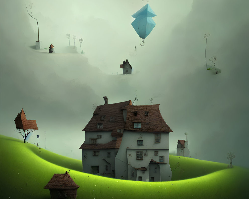 Surreal landscape with floating blue kite and oversized houses on green hills