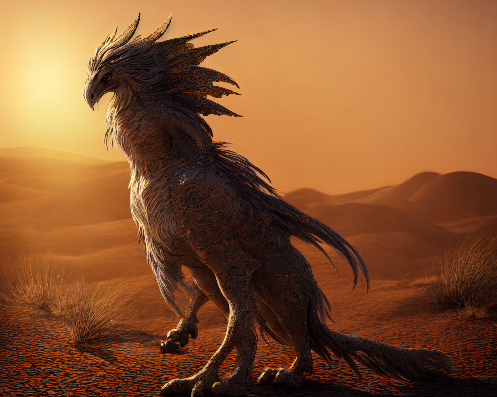 Majestic dragon-like creature in desert at sunset