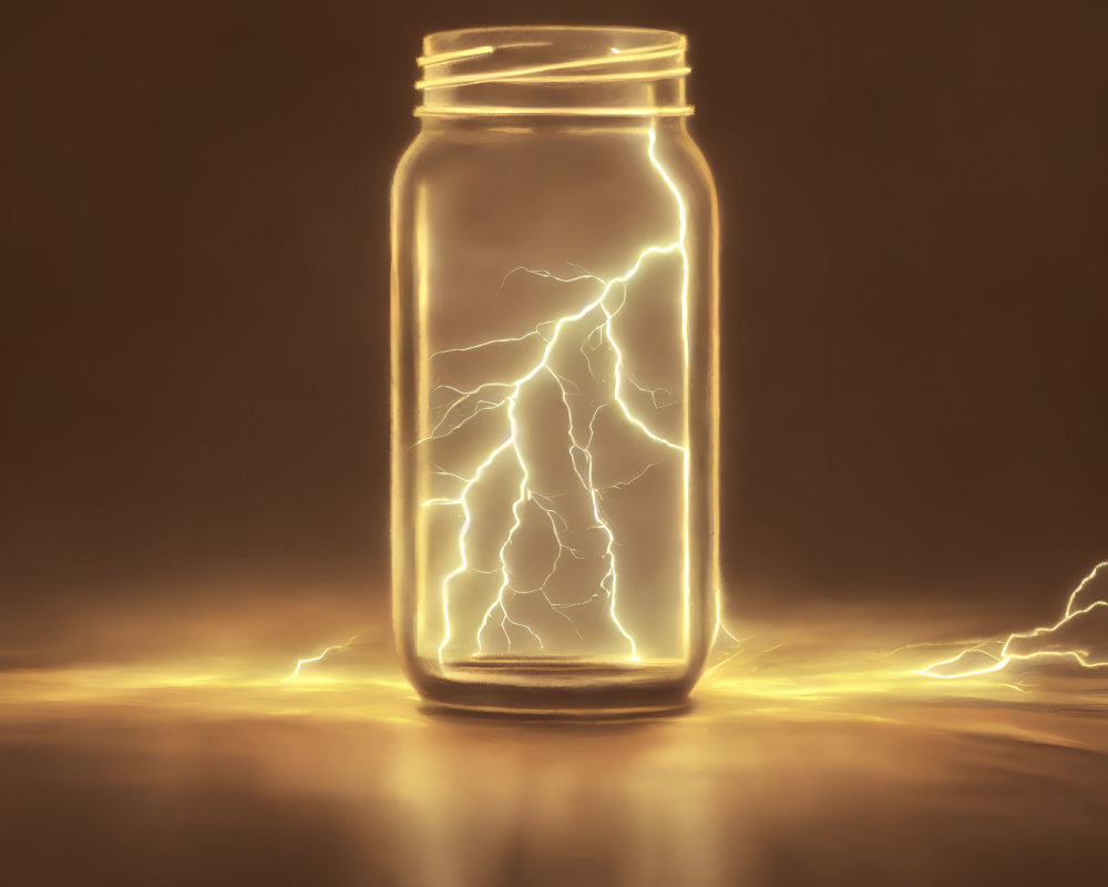 Luminescent glass jar with branching lightning on warm amber background