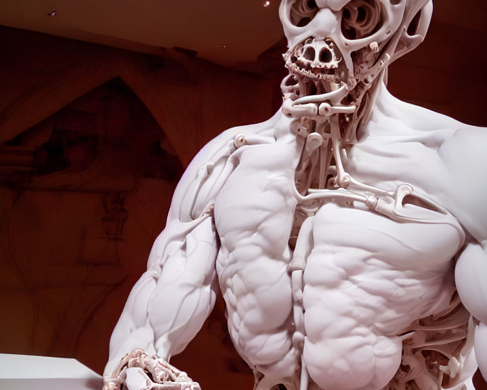 Detailed seated humanoid anatomical sculpture with exposed muscles and skeletal head displayed indoors