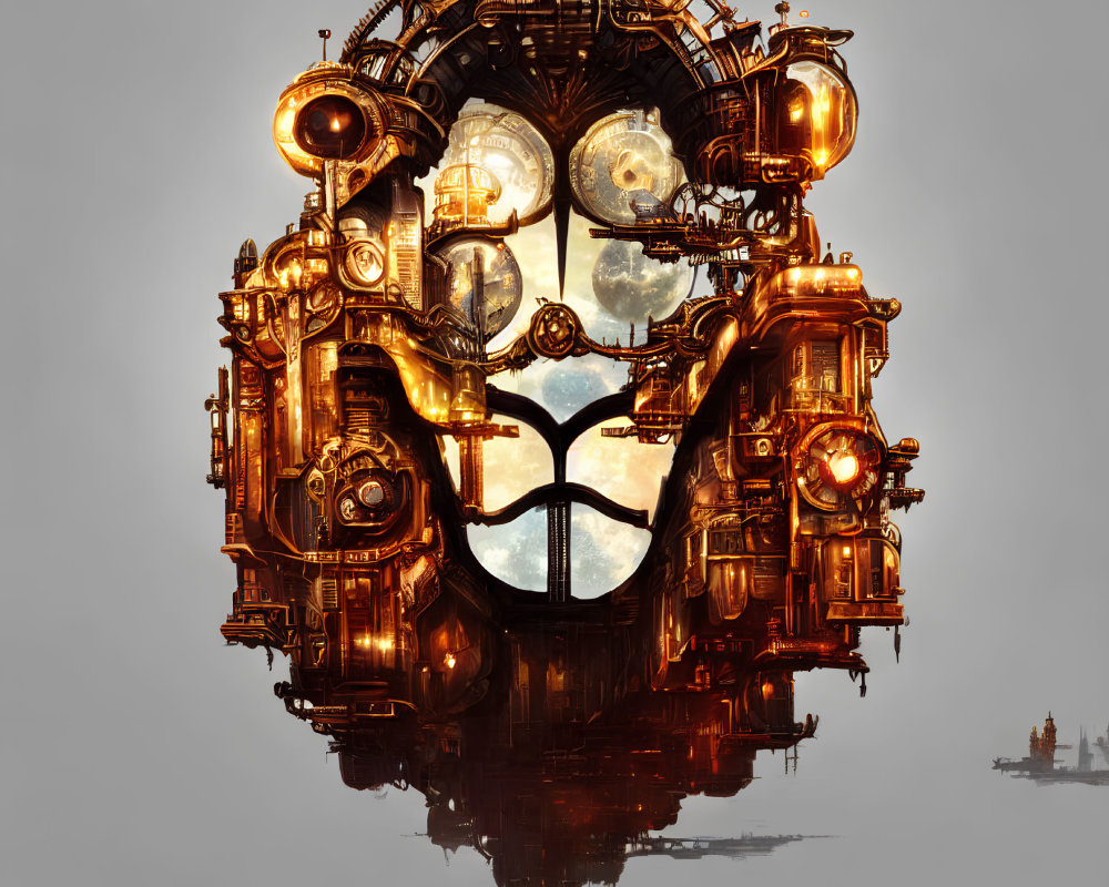 Intricate Steampunk Skull with Mechanical Gears and Glowing Bulbs