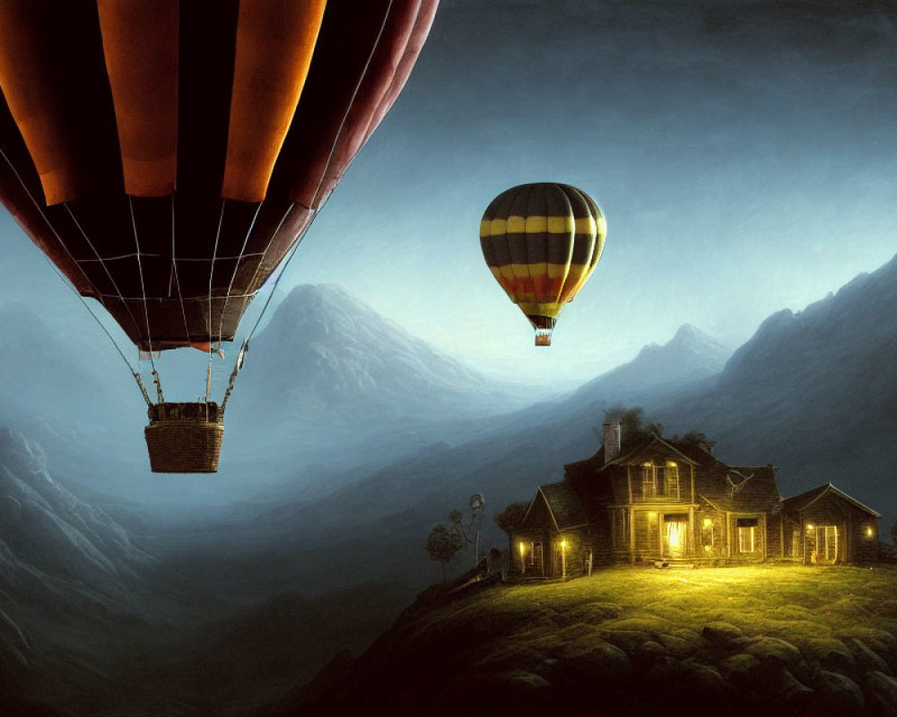 Hot air balloons over mountain landscape with cozy cottage at dusk