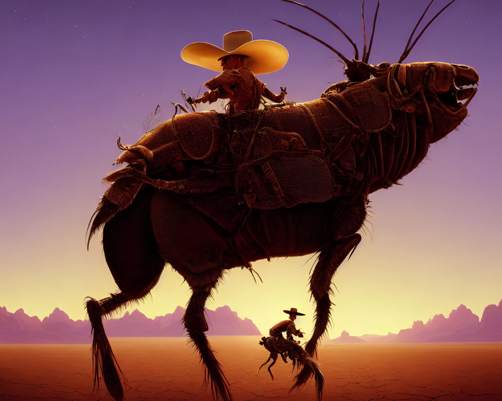 Illustration of giant flea ridden by cowboy in desert sunset landscape