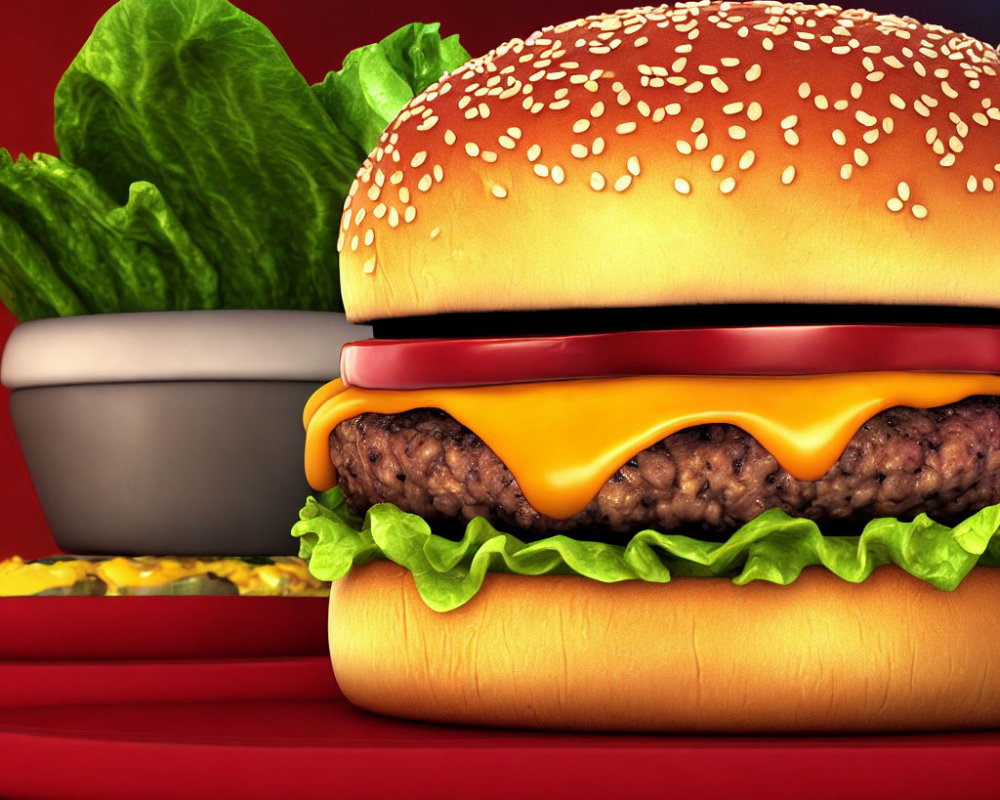 Cheeseburger with lettuce, fries, and condiments on red background