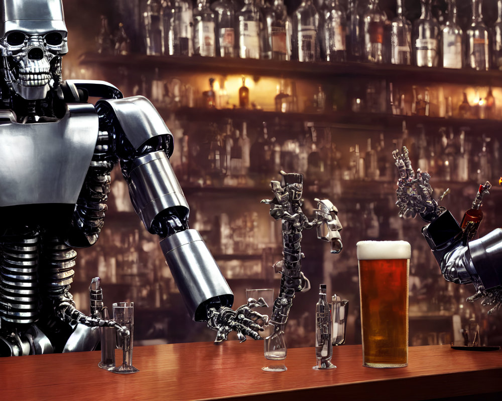 Robotic bartender serving drinks to smaller robots at a bar