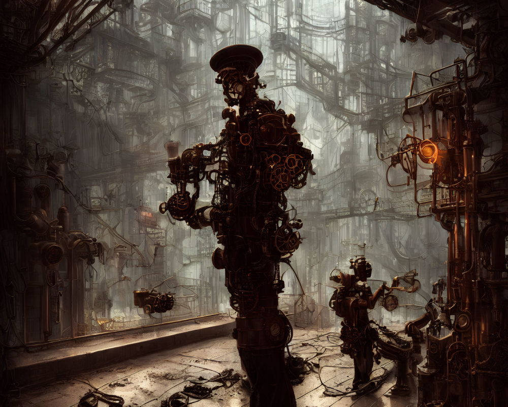 Detailed Steampunk Environment with Machinery, Robots, Gears, Pipes, and Golden Lighting