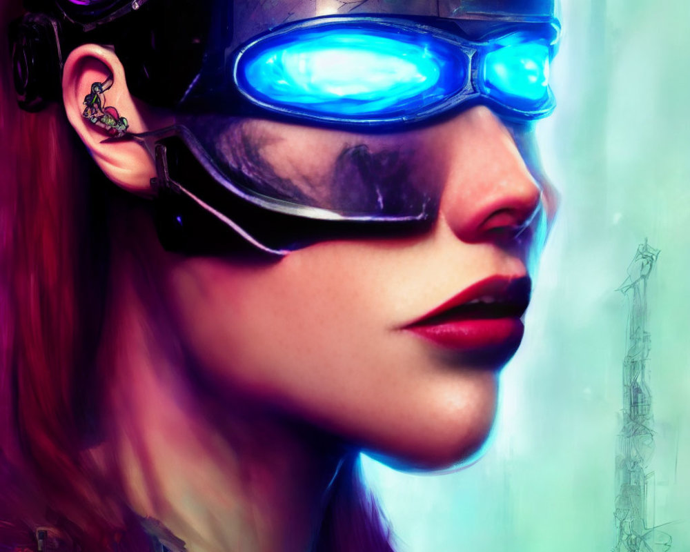 Woman with Blue-Glowing Goggles and Cyberpunk Aesthetics