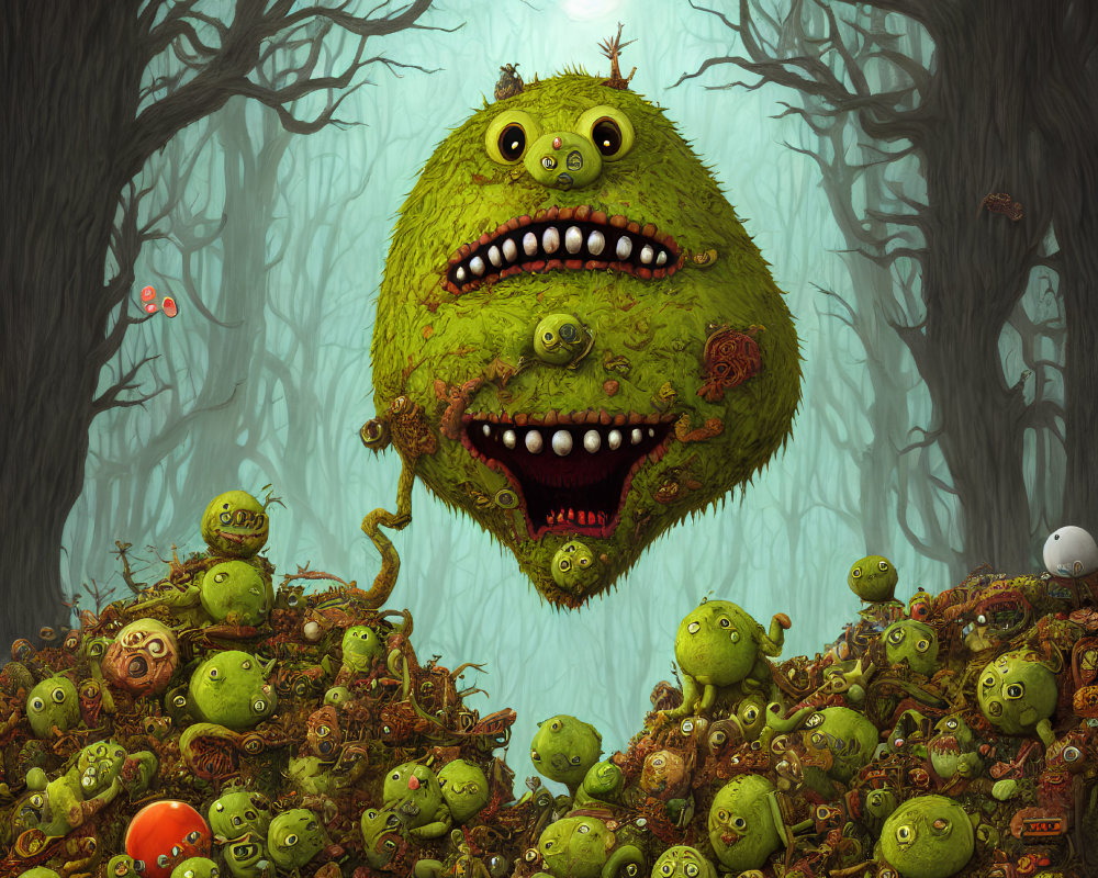 Colorful Forest Scene with Green Round Monster and Smaller Creatures