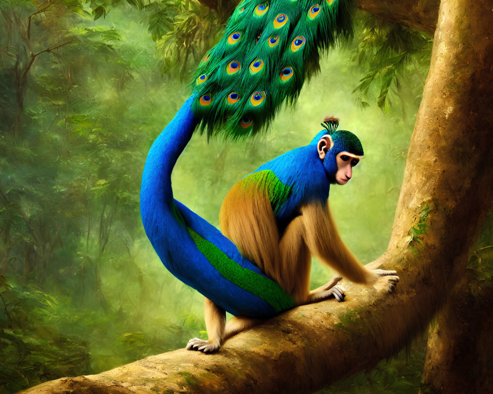 Colorful monkey with peacock tail in lush forest setting