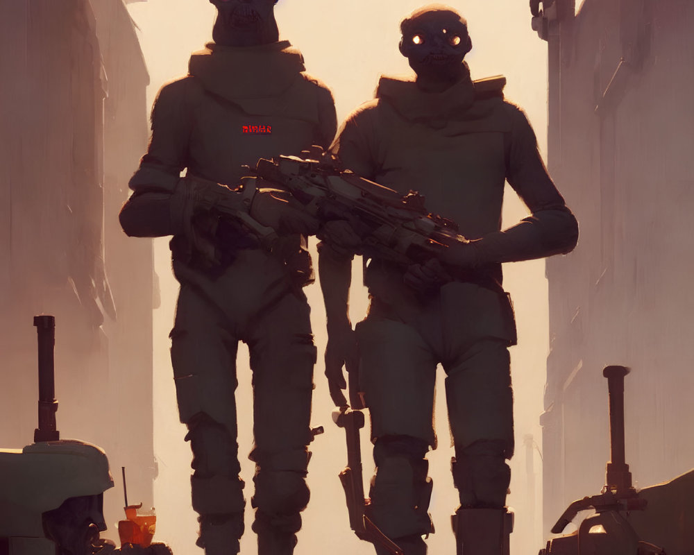 Futuristic soldiers with masks and advanced rifles in urban setting