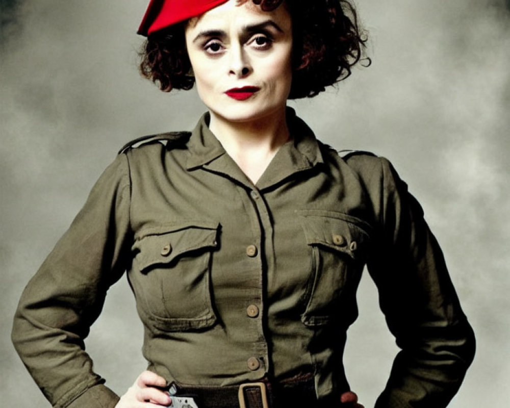 Vintage Military-Style Outfit Woman with Red Beret and Dramatic Makeup