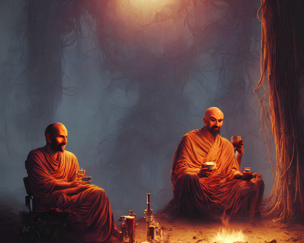 Monks Meditating by Fire Amid Lab Equipment and Mysterious Trees