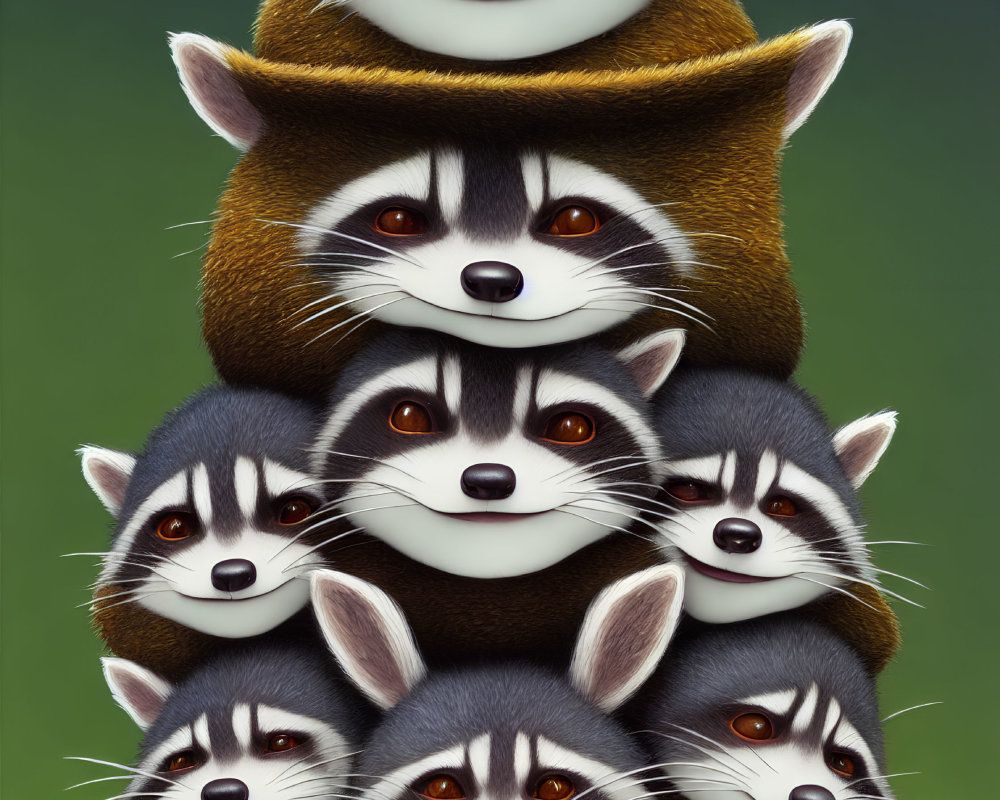 Seven smiling animated raccoons in pyramid formation on green background