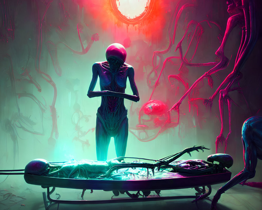 Surreal alien figure inspects humanoid on stretcher with otherworldly creatures.