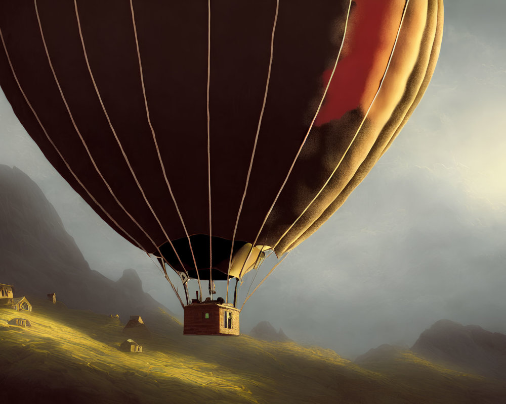 Scenic hot air balloon over sunset-lit hills and houses