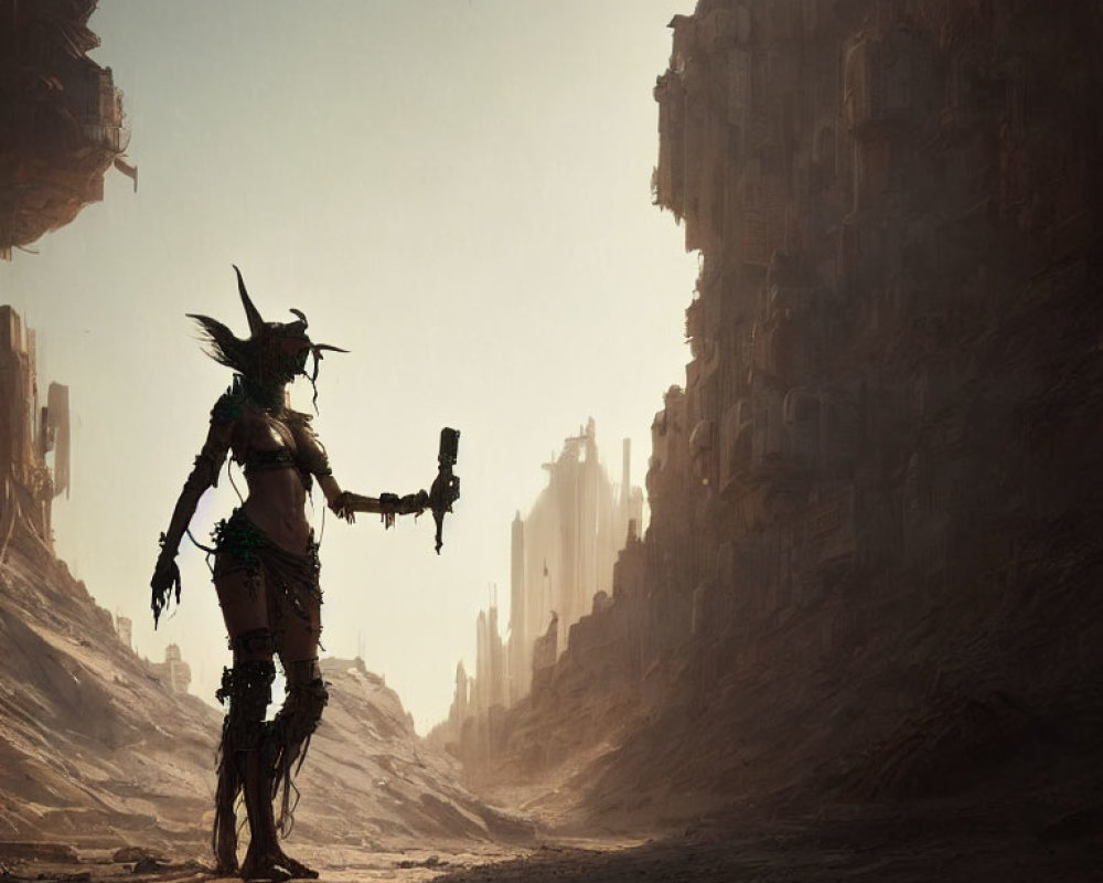 Futuristic warrior with spear in desolate canyon landscape