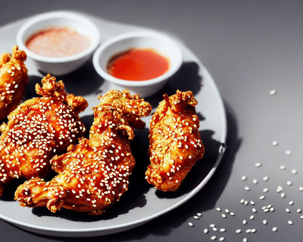 Sesame-Coated Chicken Wings with Dipping Sauces and Seeds on Plate