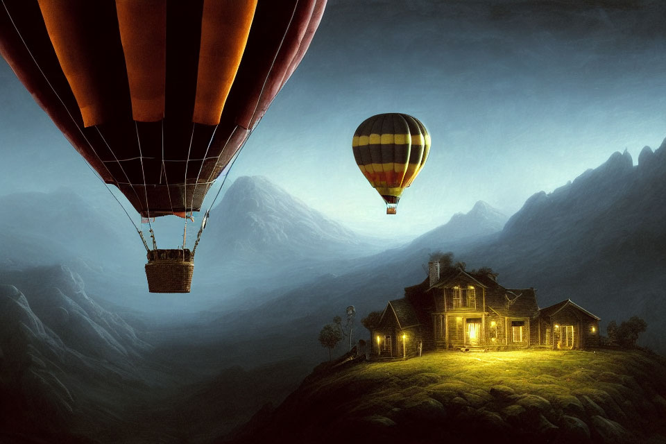 Hot air balloons over mountain landscape with cozy cottage at dusk