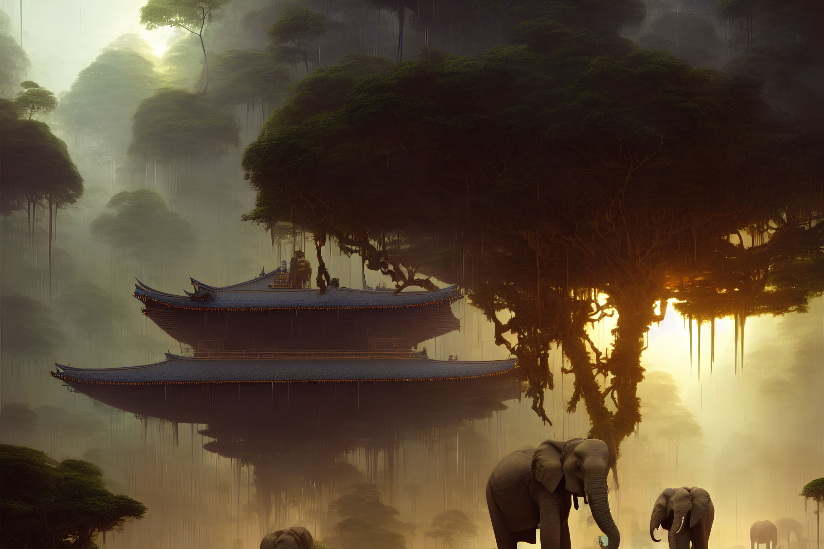 Traditional pagoda floating in misty forest with elephants below