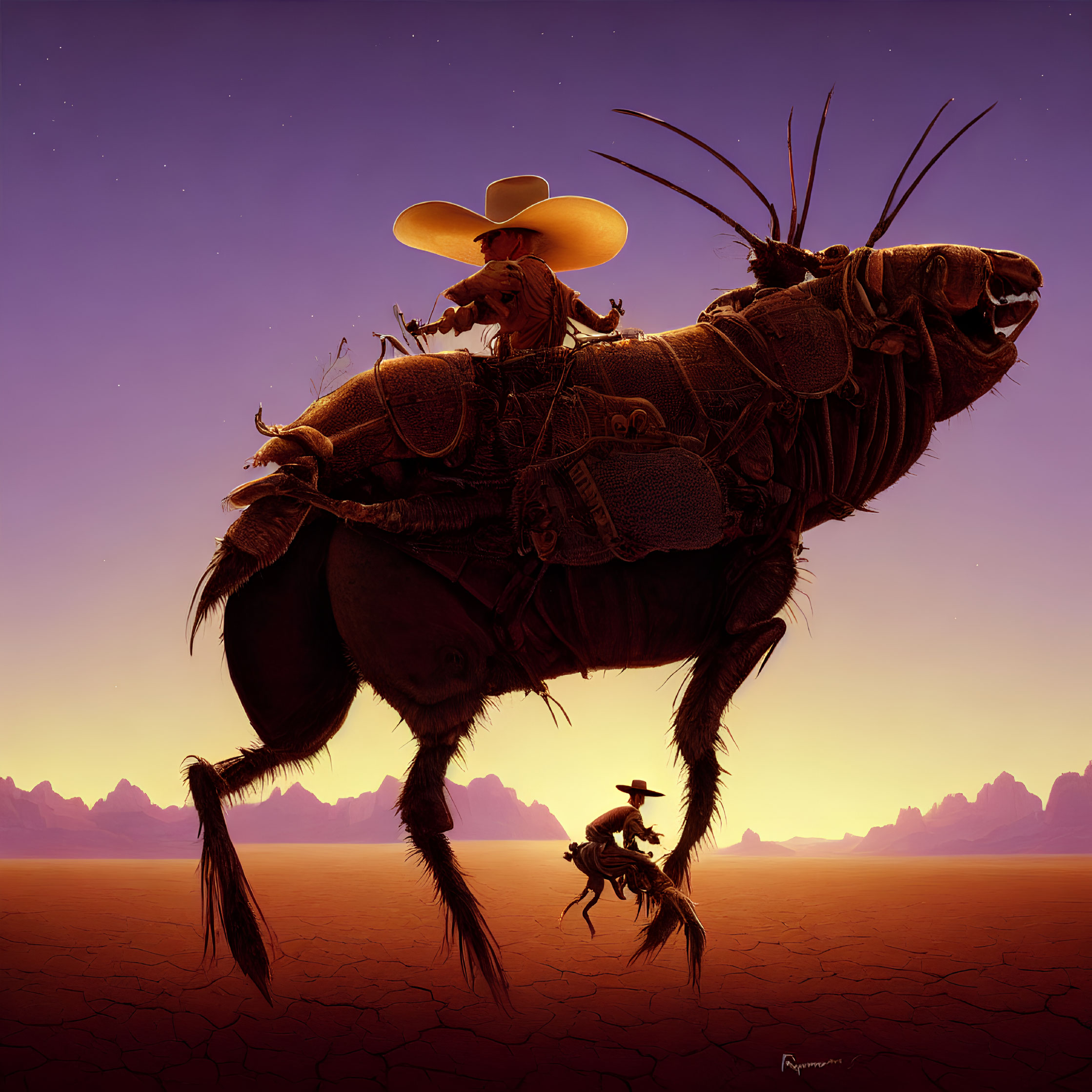 Illustration of giant flea ridden by cowboy in desert sunset landscape