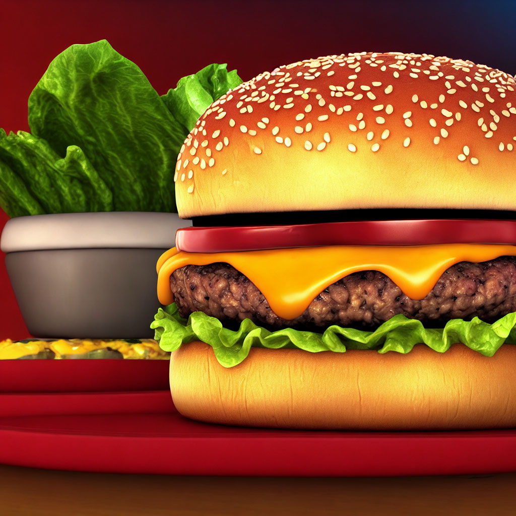 Cheeseburger with lettuce, fries, and condiments on red background