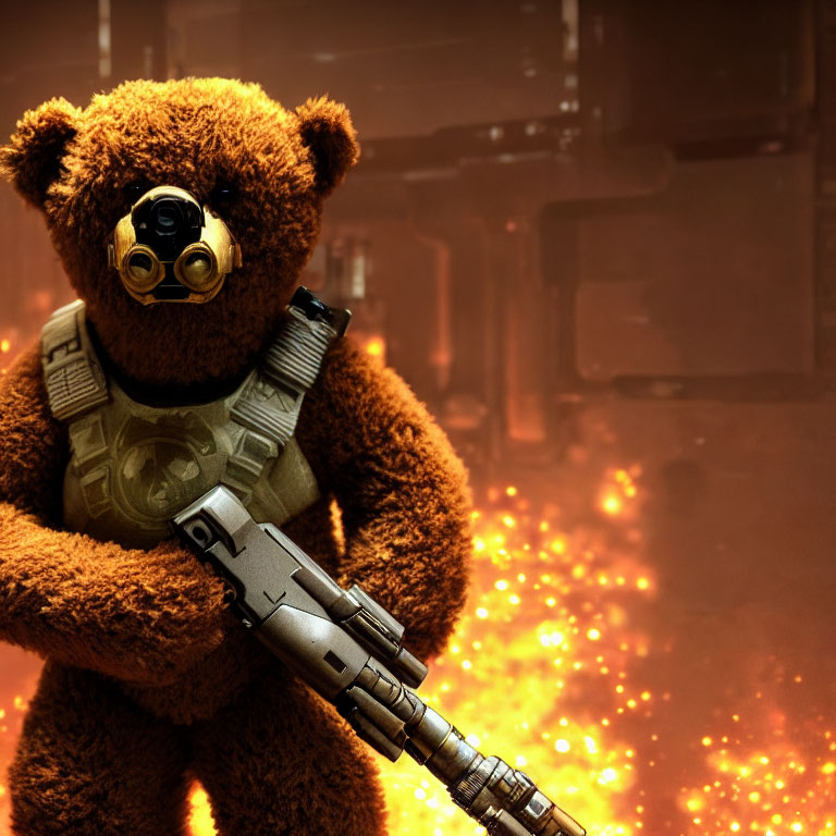 Teddy Bear with Gas Mask Holding Rifle in Fiery Scene