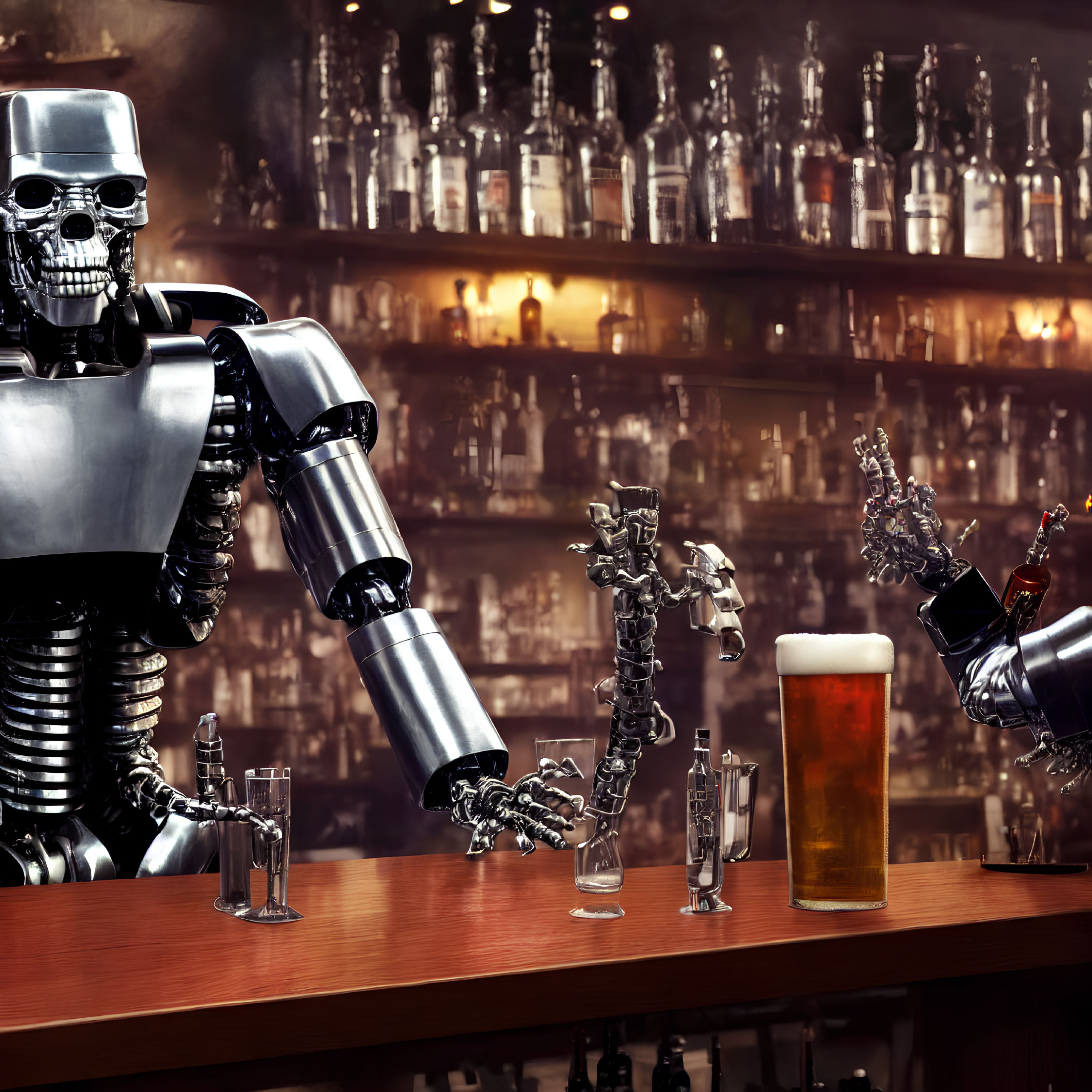 Robotic bartender serving drinks to smaller robots at a bar