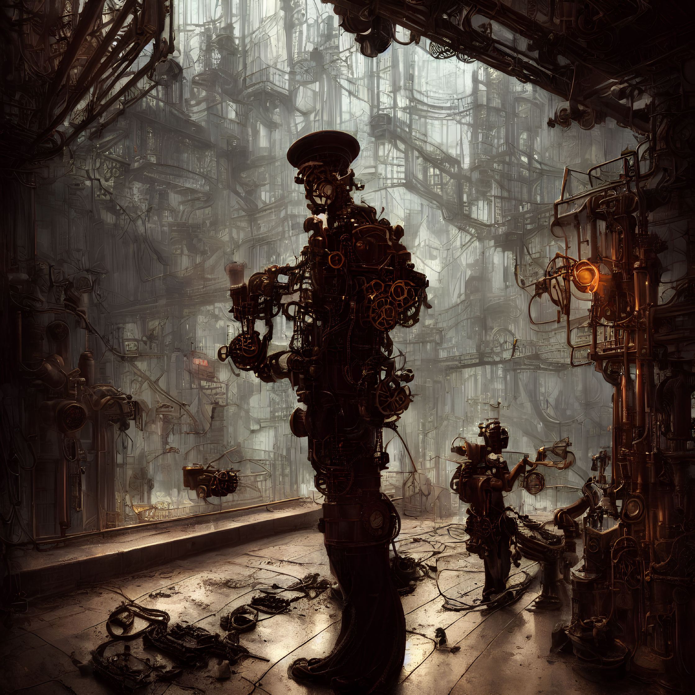 Detailed Steampunk Environment with Machinery, Robots, Gears, Pipes, and Golden Lighting