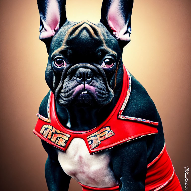 Black French Bulldog in Red & Black Jacket Poses with Stylized Text