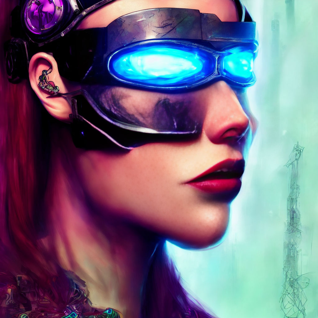 Woman with Blue-Glowing Goggles and Cyberpunk Aesthetics