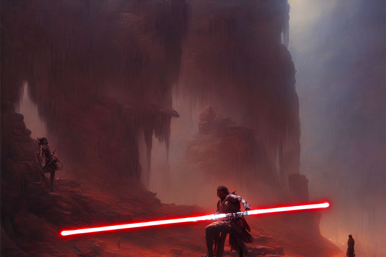 Red lightsaber-wielding figure on rocky outcrop in misty canyon landscape