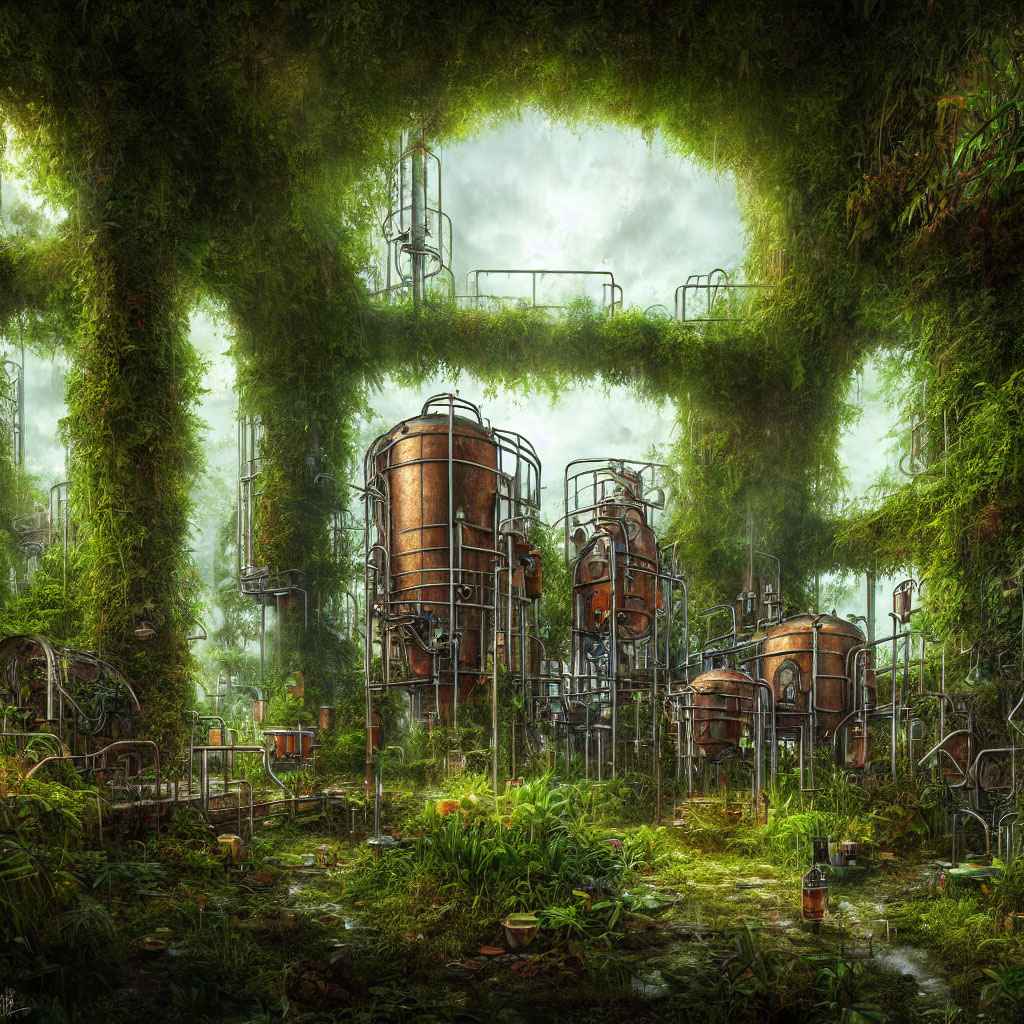 Abandoned industrial site with rusting structures and dense vegetation