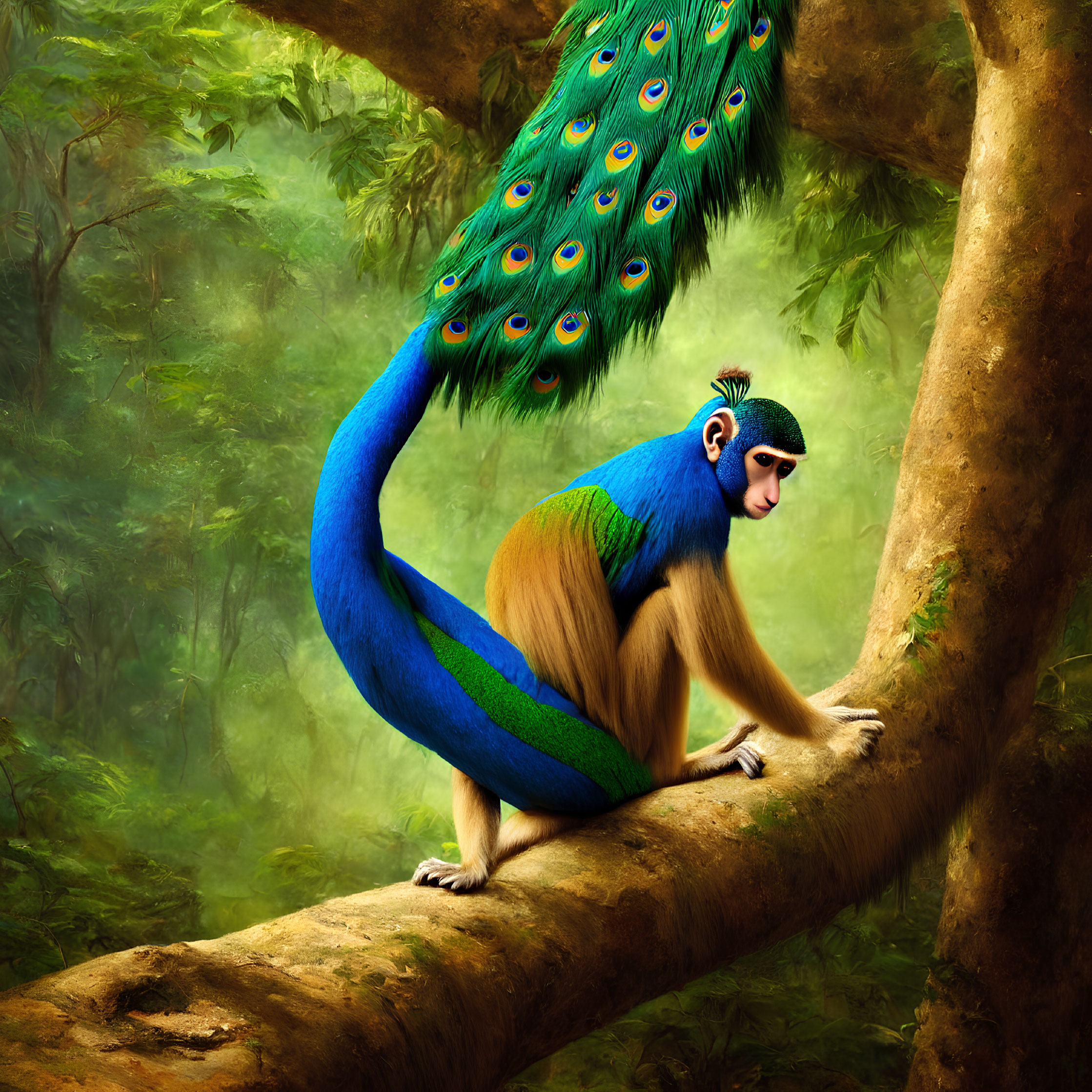 Colorful monkey with peacock tail in lush forest setting